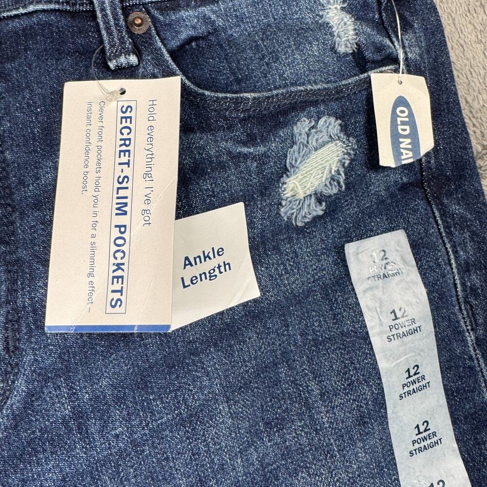 Old Navy Power Slim Straight Jeans NEW Womens 12 Distressed Blue Denim Secret - Picture 4 of 10